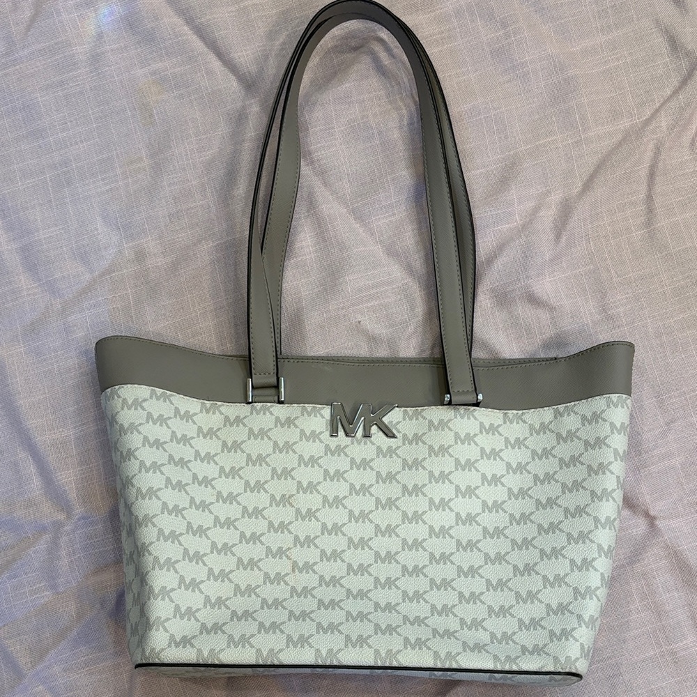 Michael Kors Florence Lge Tote Bag Signature Logo Print White & Grey NEW $328